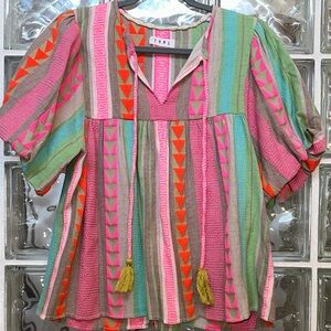 THML Striped Top with Neon Pink Embroidery